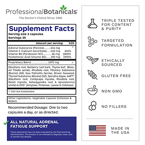 Professional Botanicals Adrenal Complex label detail emphasizing cortisol balance and energy support.