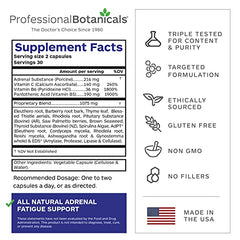 Professional Botanicals Adrenal Complex label detail emphasizing cortisol balance and energy support.