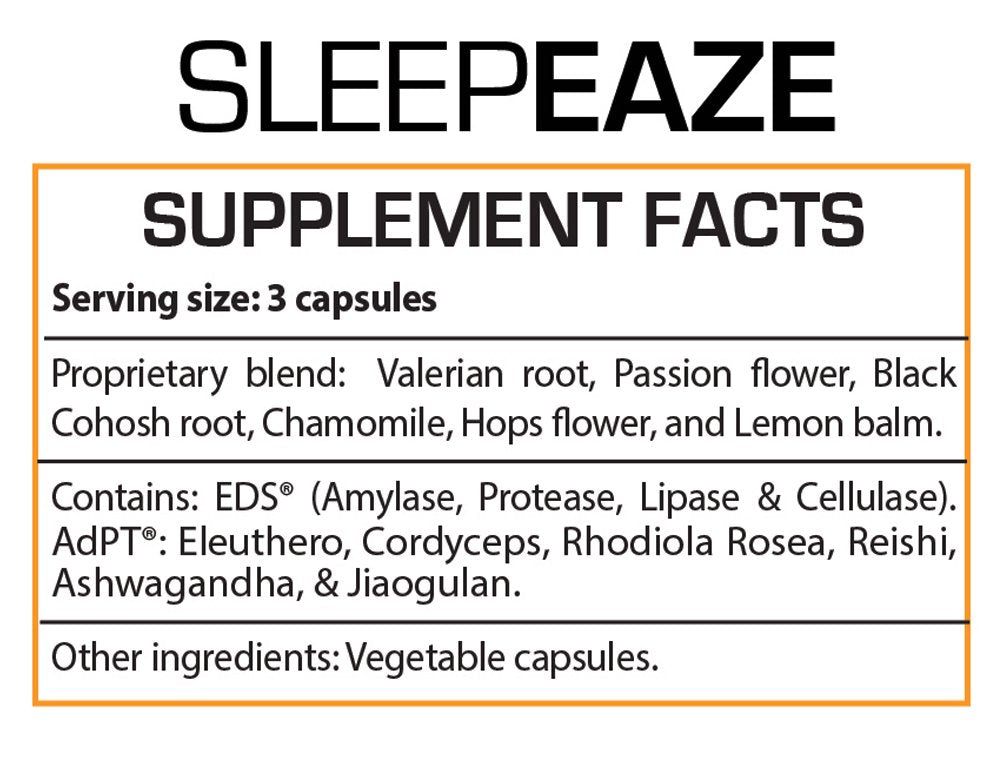Professional Botanicals Sleep Eaze bottle label showing valerian and chamomile ingredients for relaxation.