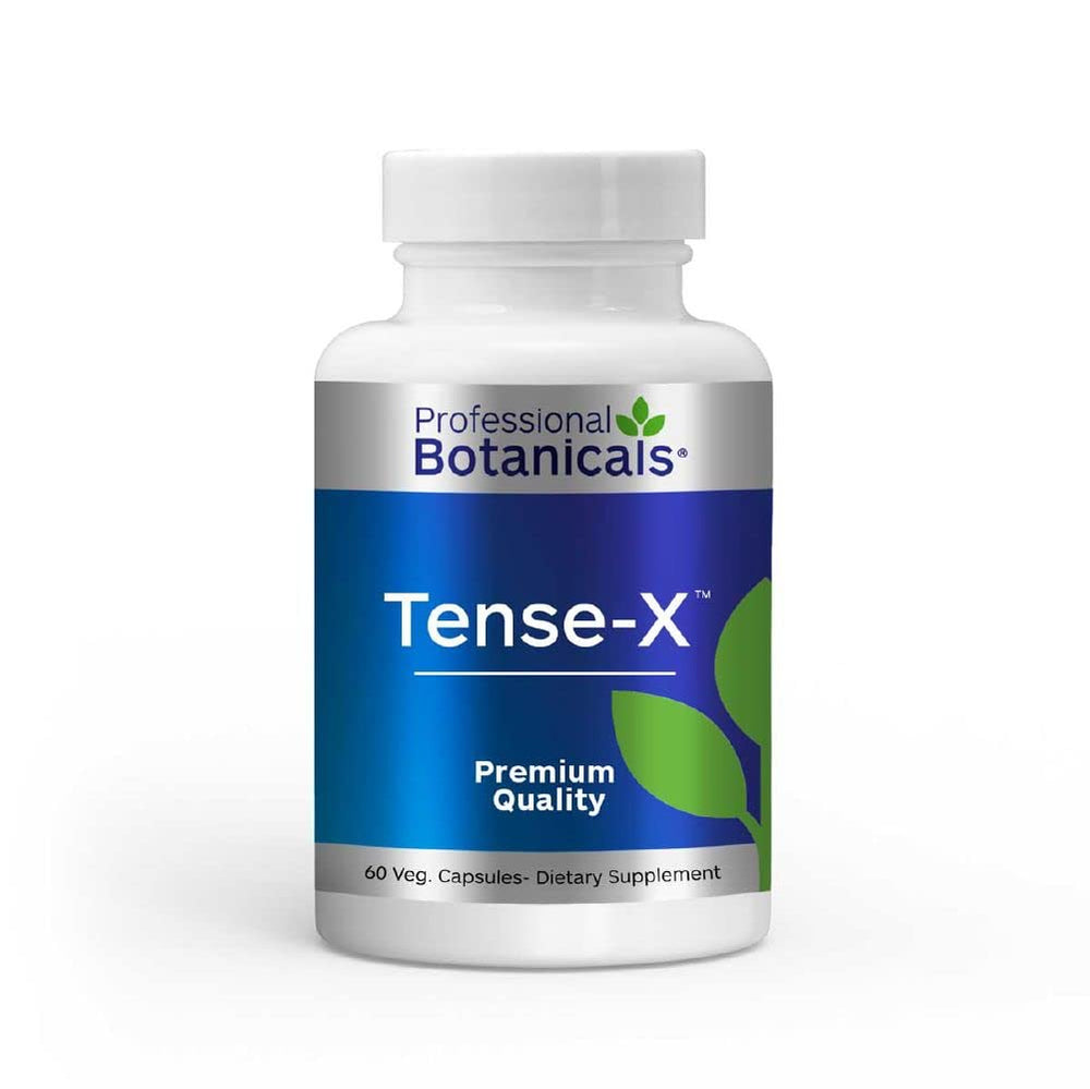 Professional Botanicals Tense-X bottle front showcases calming, vegan stress support in a clean design.