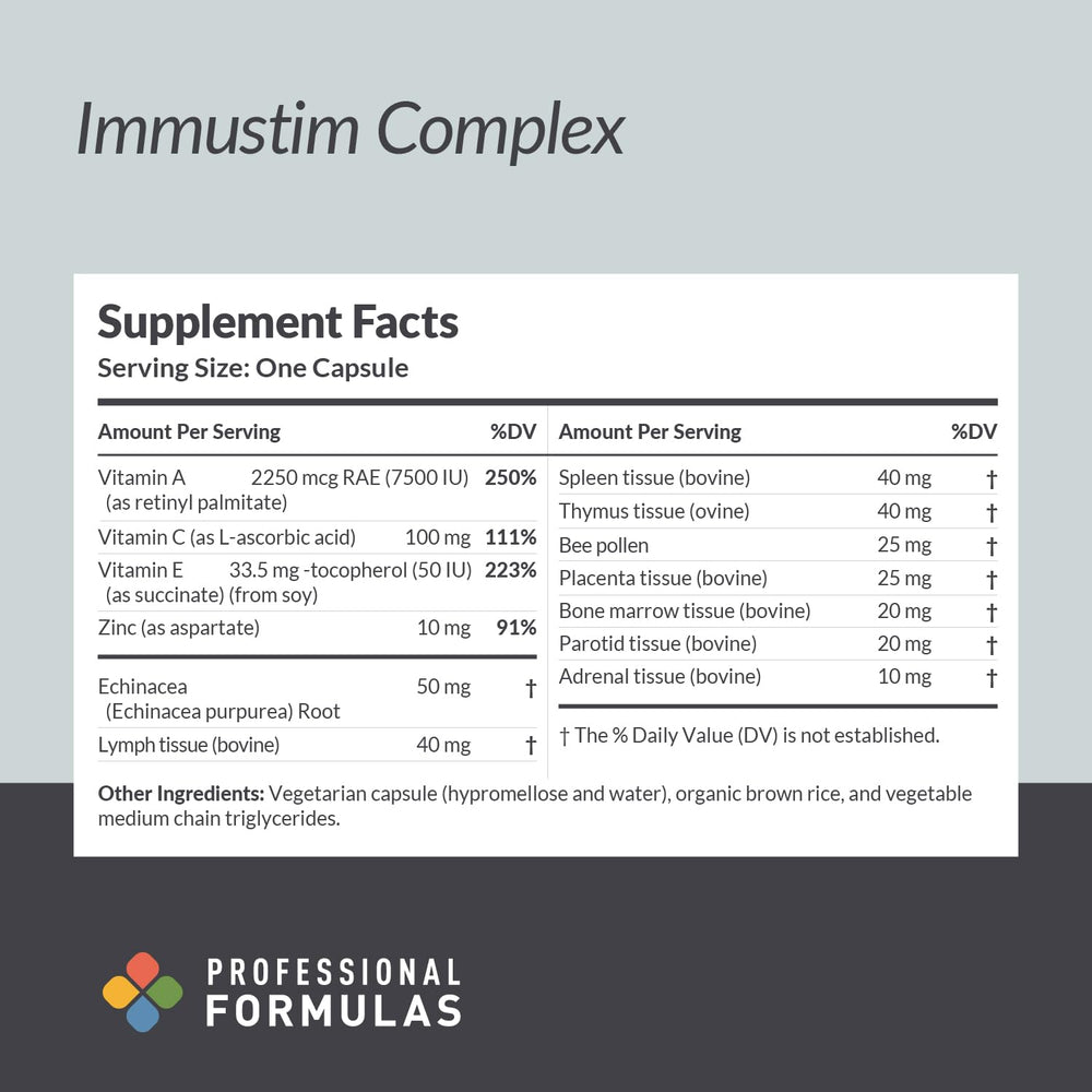 Professional Complementary Health Formulas Immustim Complex closeup label highlights glandular blend for immune balance.