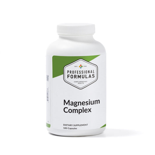 PROFESSIONAL COMPLEMENTARY HEALTH FORMULAS Magnesium Complex bottle highlighting a high-absorption blend for neuromuscular support