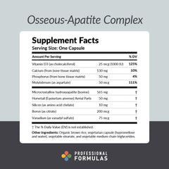 PROFESSIONAL COMPLEMENTARY HEALTH FORMULAS Osseous-Apatite capsules close-up highlighting calcium and phosphorus minerals.