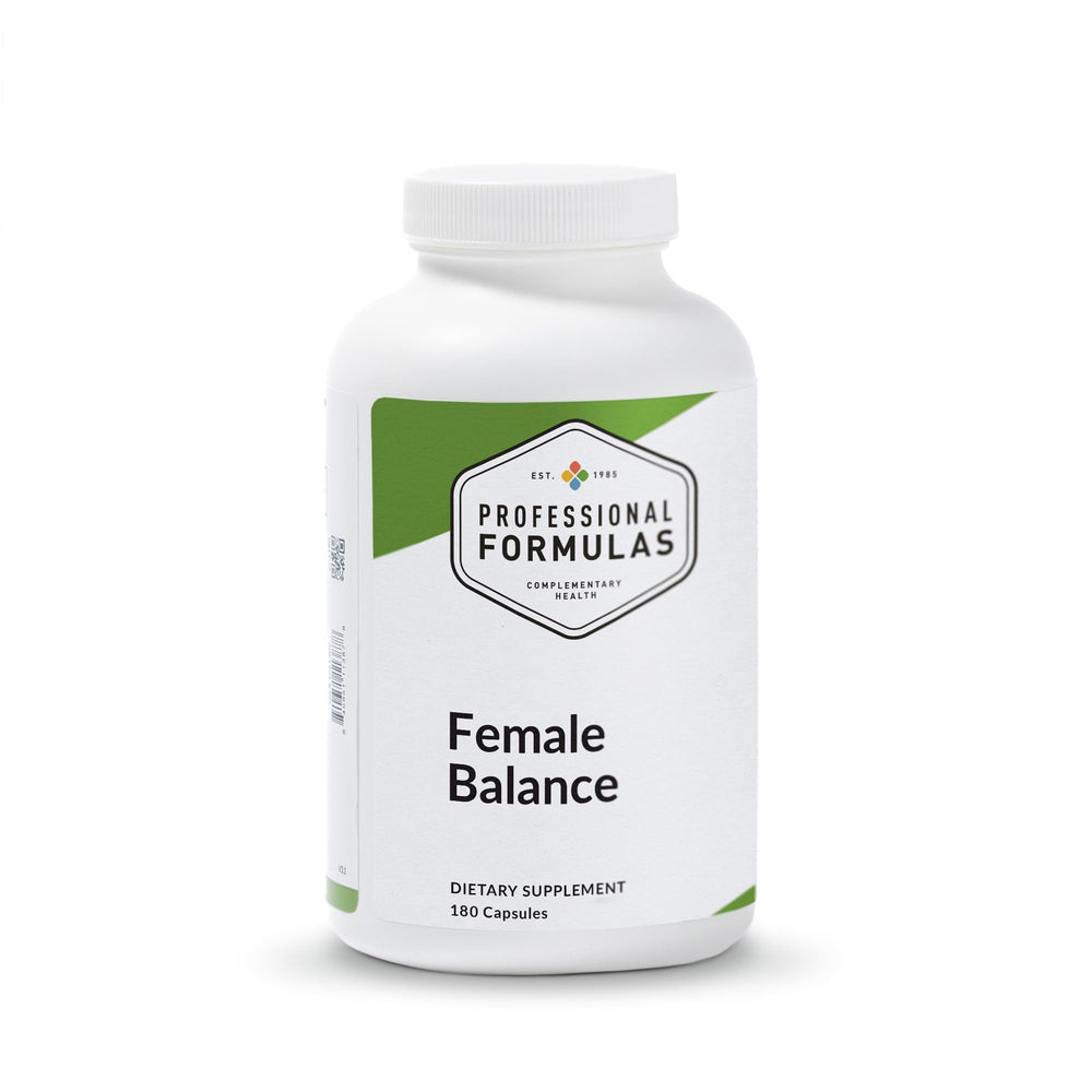 Professional Formulas Female Balance bottle label highlighting botanical blend for hormonal balance support.