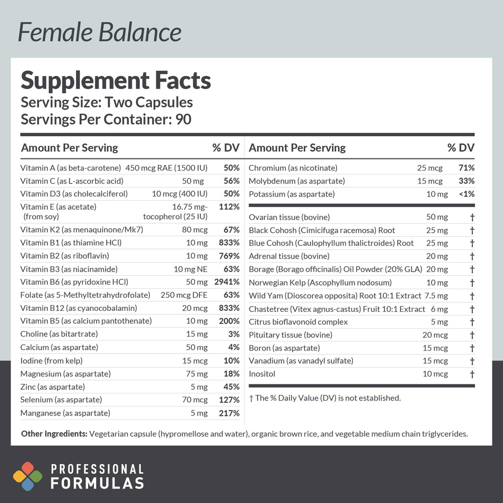 Closeup of Female Balance capsules showing vegetarian formula for mood and energy support.