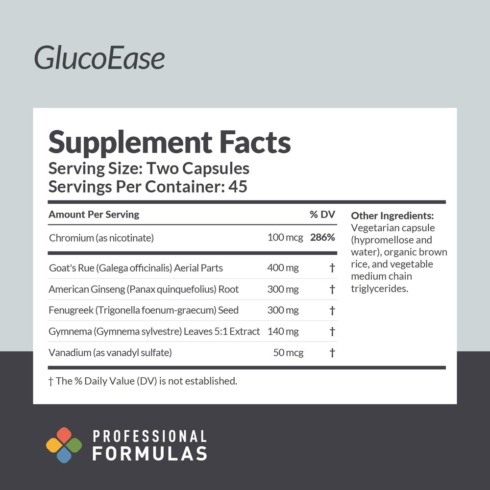 Professional Formulas GlucoEase close-up highlights ingredients for metabolism support.