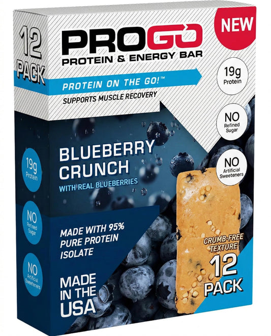 ProGo Blueberry Crunch bar front view, portable energy snack.