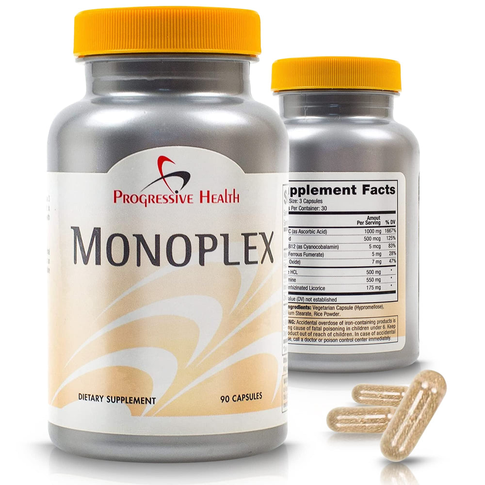 Progressive Health Monoplex canker relief bottle ready-to-use capsules for ongoing mouth sore support.