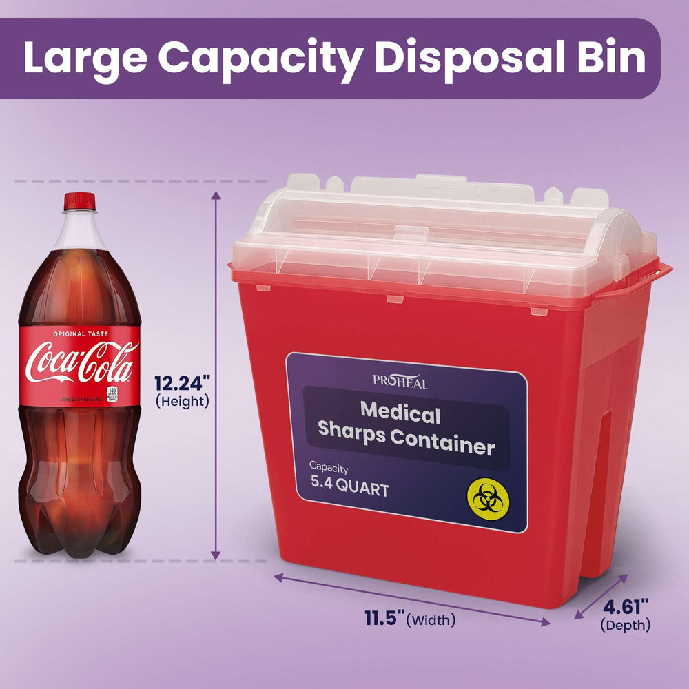 ProHeal large sharps container with clear lid shows remaining capacity.
