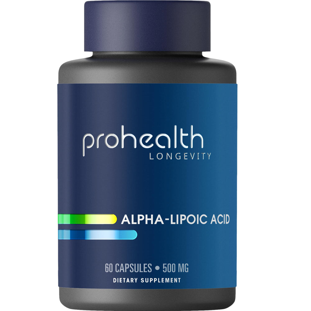 ProHealth Alpha Lipoic Acid 500mg bottle promoting skin vitality and energy
