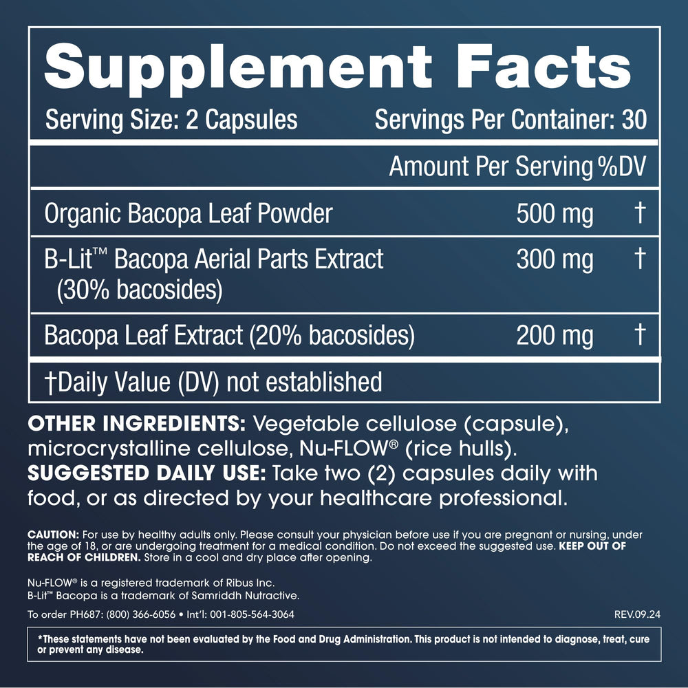 Capsules close-up of ProHealth bacopa 1000mg, supporting memory and stress balance.