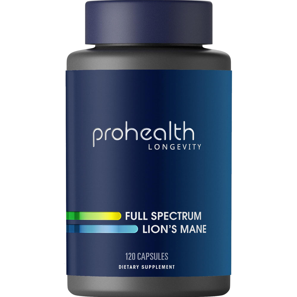 ProHealth Lion’s Mane full-spectrum bottle suggests cognitive support.