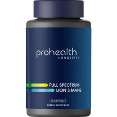 ProHealth Lion’s Mane full-spectrum bottle suggests cognitive support.