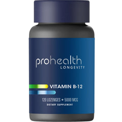 ProHealth Longevity B12 bottle highlights 5,000 mcg per serving for energy support.