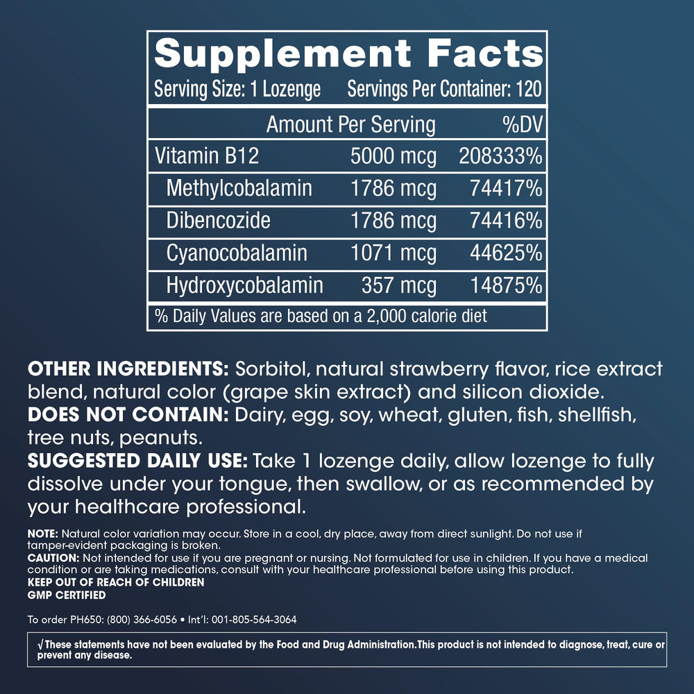 Close-up of ProHealth Longevity B12 lozenges emphasizing methylation support.