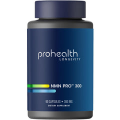 ProHealth NMN Pro 300 bottle front view emphasizes branding and daily vitality.