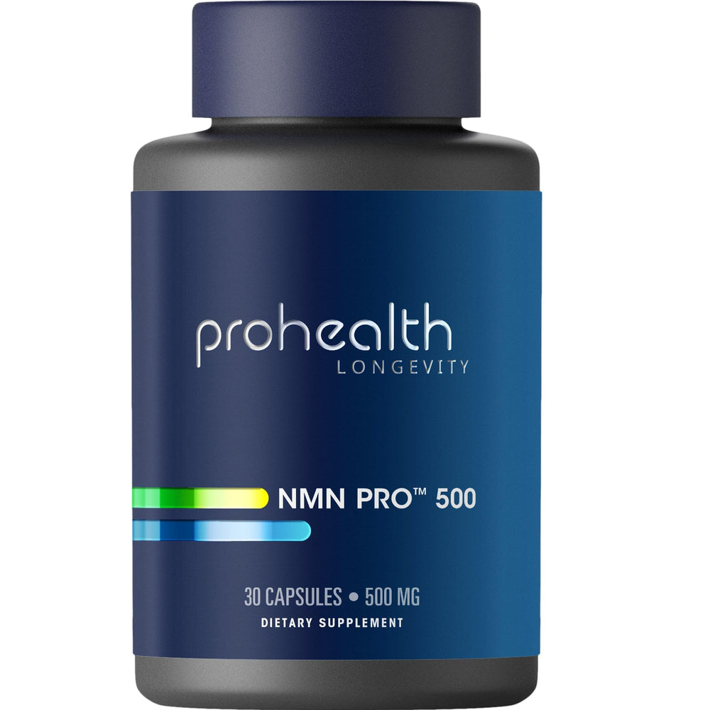ProHealth NMN Pro 500 bottle close-up highlighting premium NAD+ precursor for daily energy