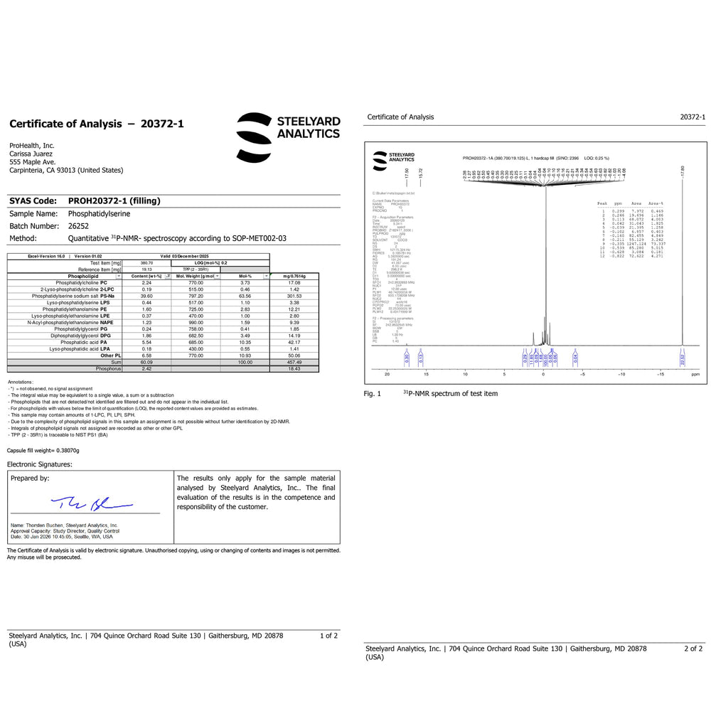 ProHealth phosphatidylserine label highlights purity and quality testing.