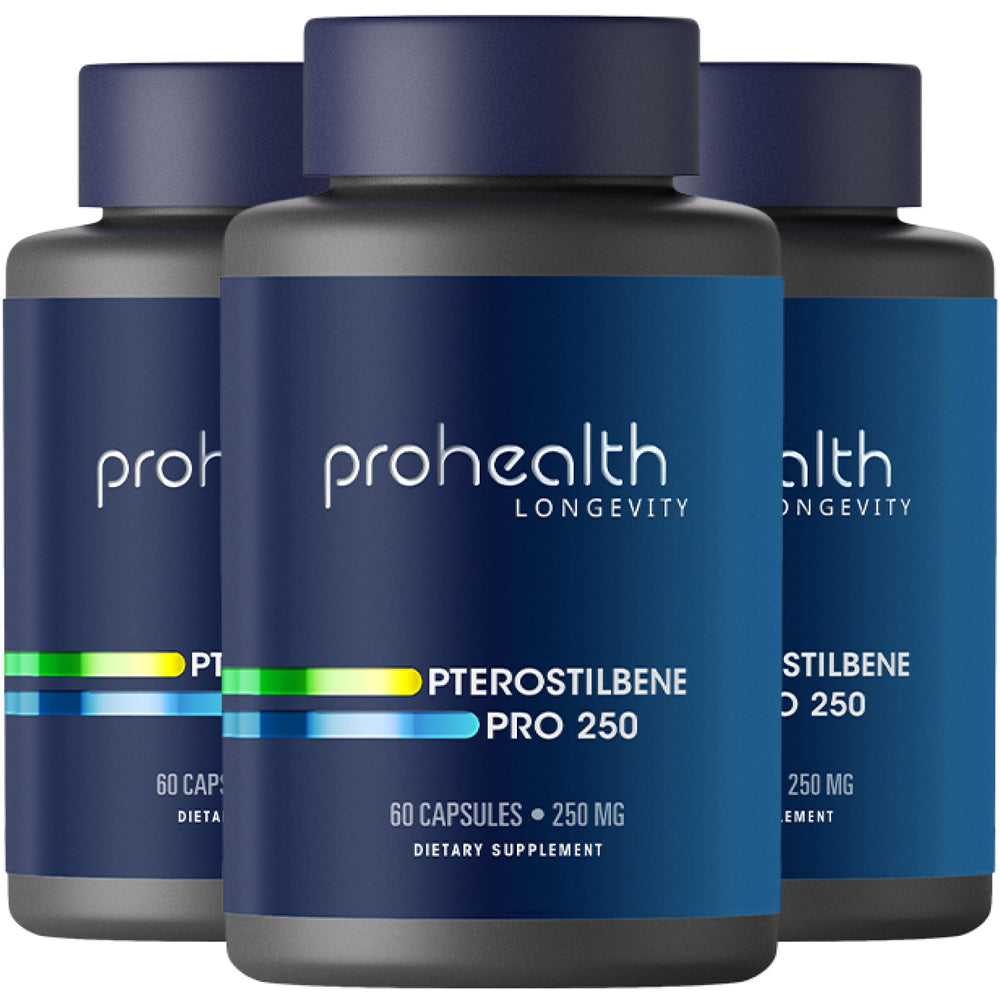 ProHealth Pterostilbene supplement bottle label showcases trusted antioxidant formula.