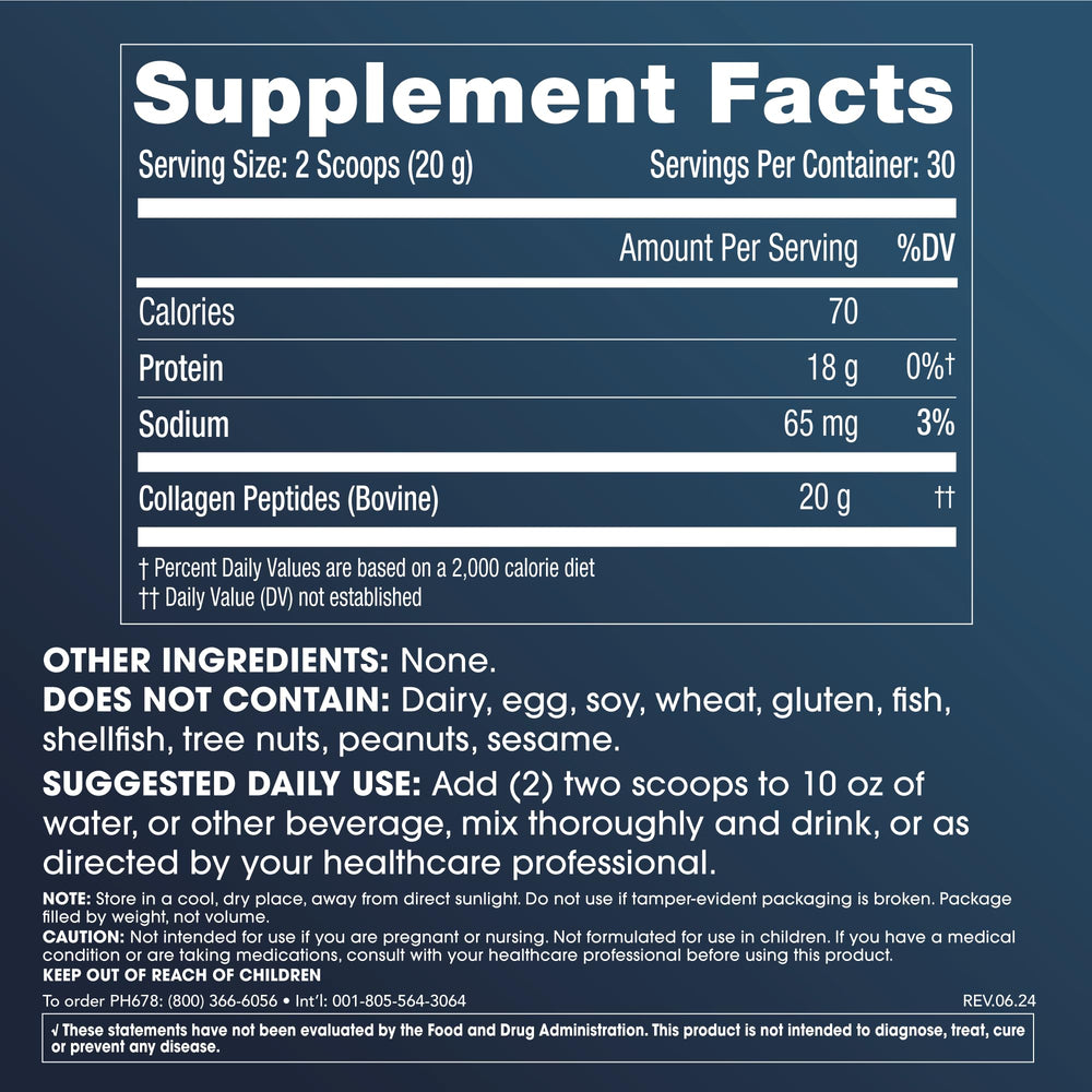 ProHealth Pure Collagen Peptides tub back label highlighting grass-fed, unflavored formula for versatile mixing.