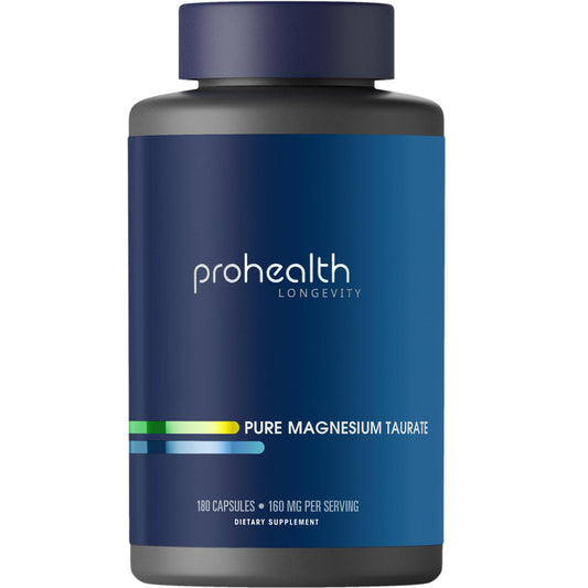 ProHealth Pure Magnesium Taurate bottle with capsules promotes overall wellness potential.