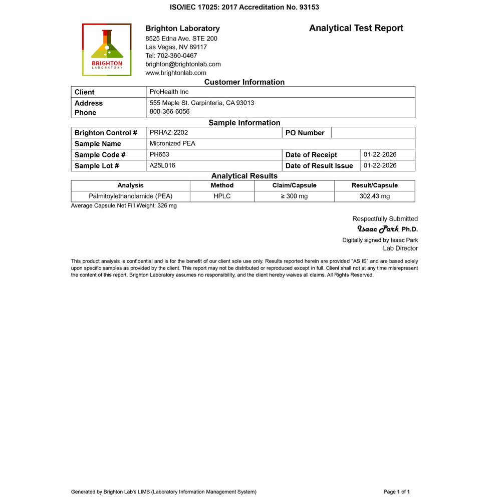 ProHealth P.E.A. label emphasizes third-party testing and purity.