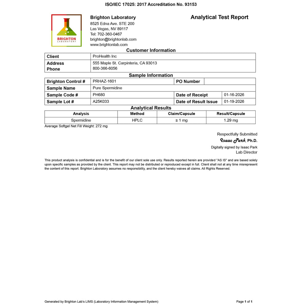 Independent third-party test results chart for ProHealth Spermidine