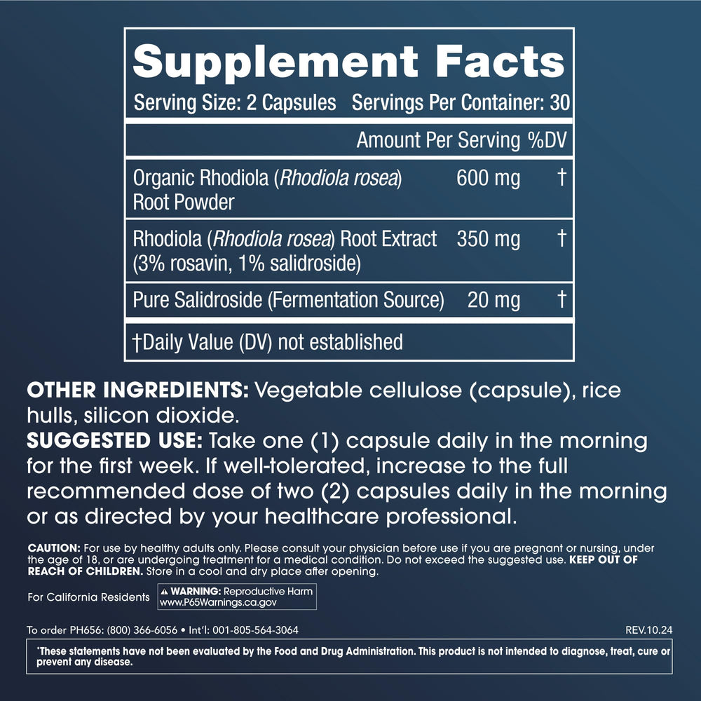 ProHealth Rhodiola full spectrum capsules label highlighting rosavins and salidrosides potency.