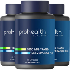 ProHealth Trans-Resveratrol Plus bottle highlights high potency for daily supplementation.