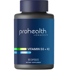 ProHealth Vitamin D3 + K2 bottle highlighting VegD3 and MK-7 for bone health.