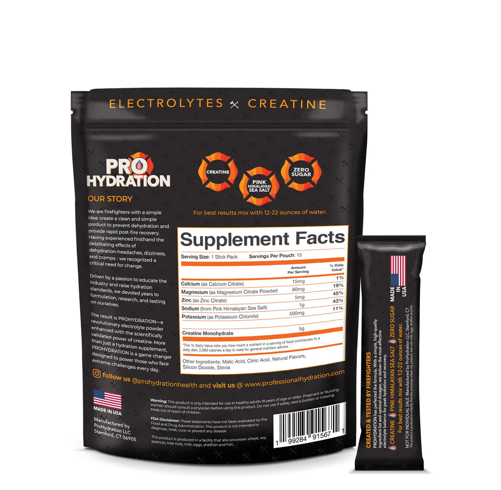 ProHydration blue raspberry packet demonstrates portable electrolyte mix for on-the-go hydration.