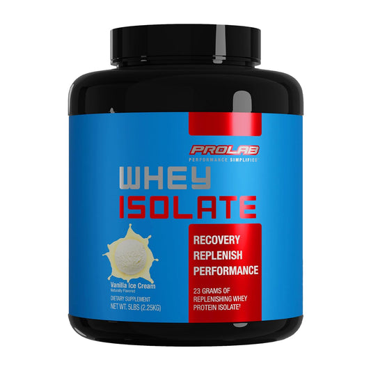 ProLab Whey Isolate Vanilla Ice Cream tub highlights high protein per serving for post-workout support.