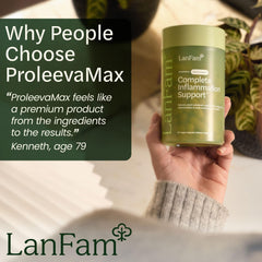ProleevaMax label with FDA-GMP badge noting quality manufacturing.