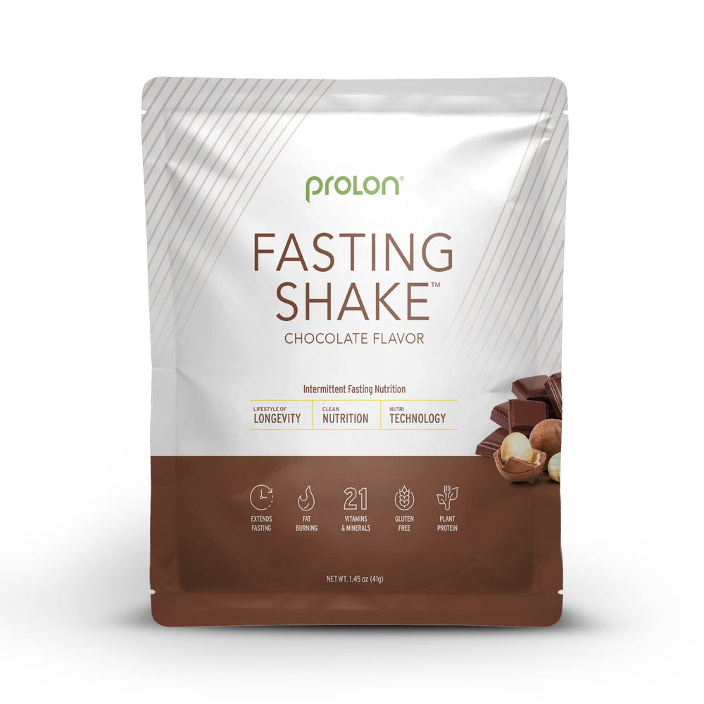 Prolon chocolate fasting shake ready to pour in a glass for a low-sugar start.
