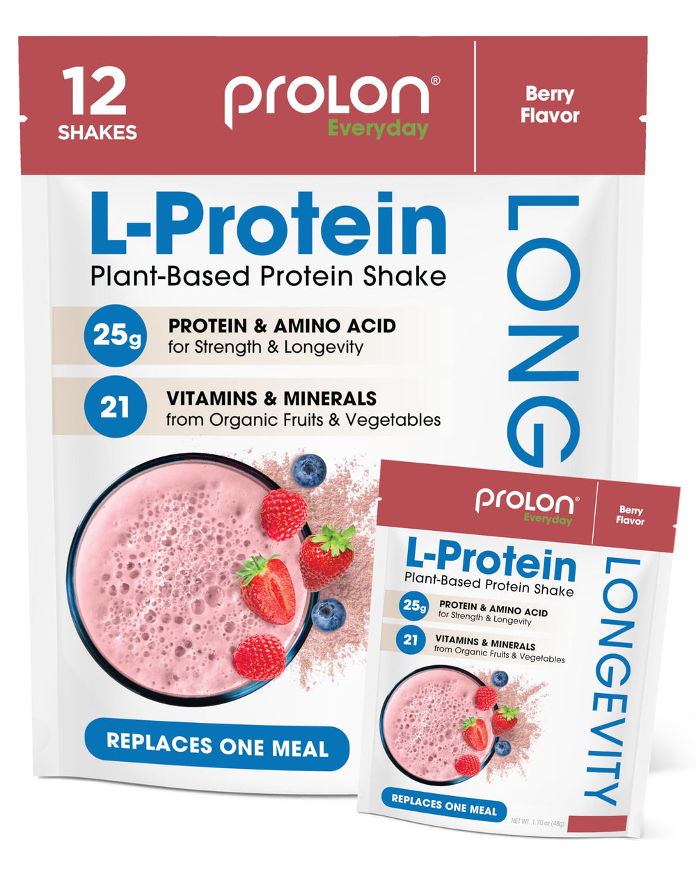 Prolon Longevity berry protein packet for quick plant-based nutrition.