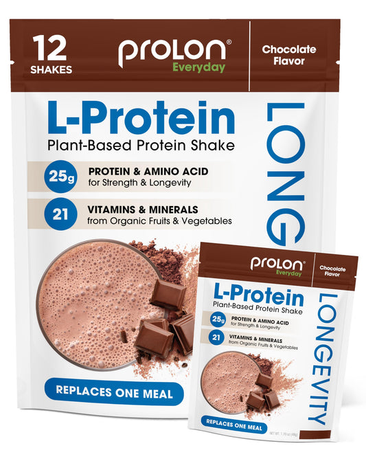 Prolon Longevity Protein Powder chocolate packaging highlights muscle support