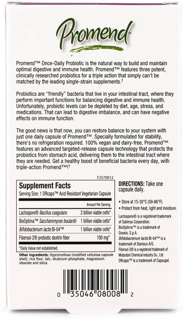 PROMEND probiotic capsules closeup shows easy supplementation for daily routine.