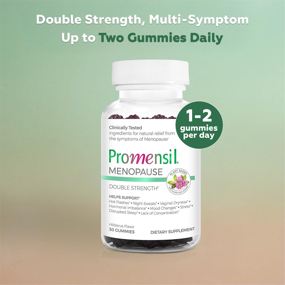 Promensil Red Clover Gummies packaging highlighting vegan, gluten-free formula with hibiscus flavor