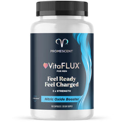 Promescent VitaFLUX bottle being poured, showcasing easy daily supplementation for stamina.