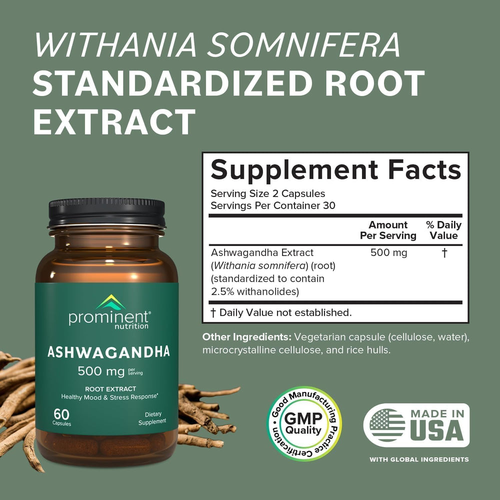 Prominent Nutrition Ashwagandha capsules showing 500 mg per serving