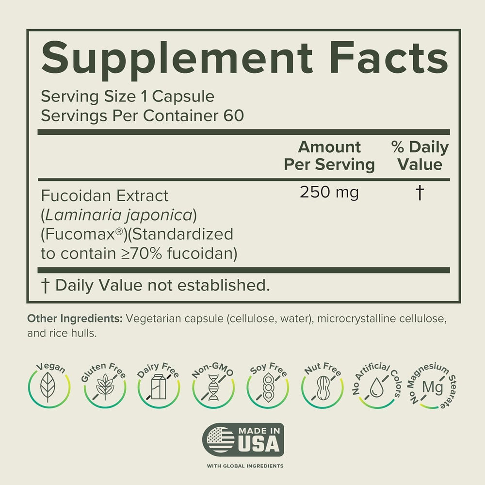 Prominent Nutrition Fucoidan capsules close-up highlighting vegan, non-GMO daily wellness support.