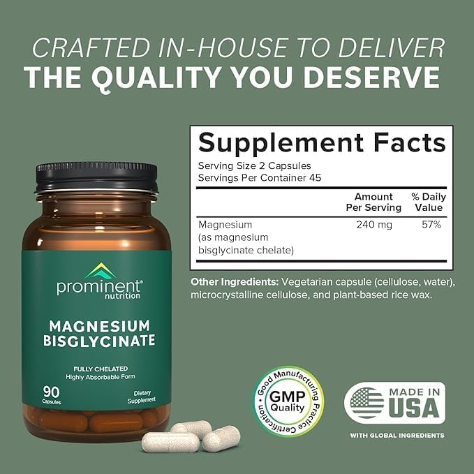Prominent Nutrition magnesium bisglycinate capsules closeup highlights purity and clean labeling.