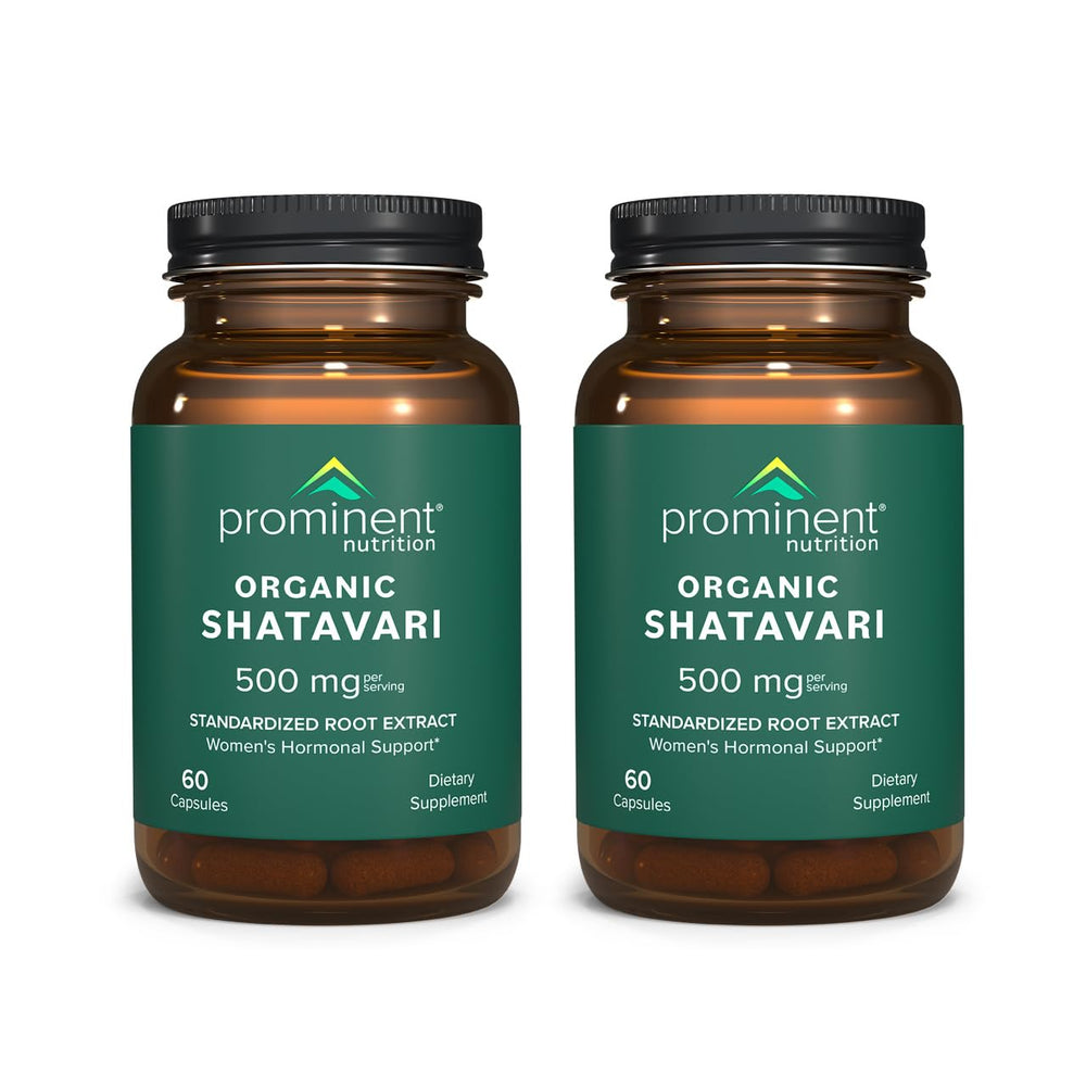 Prominent Nutrition Organic Shatavari capsules bottle highlighting standardized root extract for women's hormone balance.