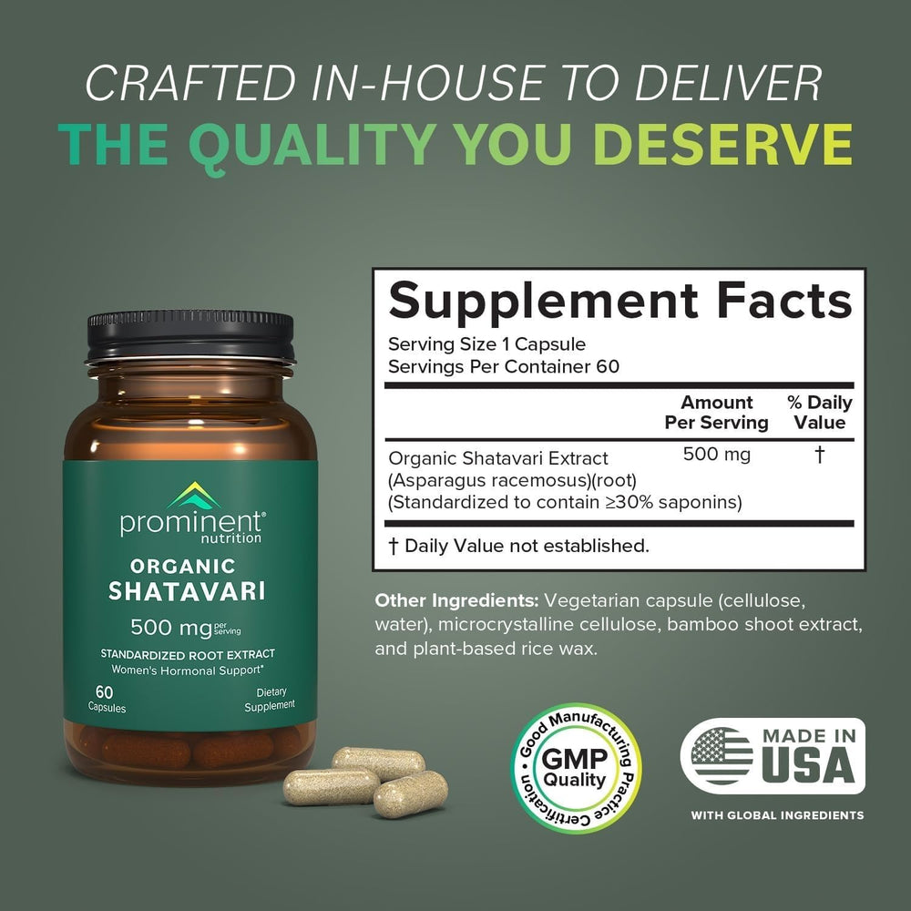 Prominent Nutrition Shatavari capsules close-up showing vegan, non-GMO formulation for menstrual wellness.