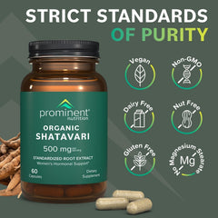 Prominent Nutrition Shatavari capsules poured from bottle for daily hormone support.