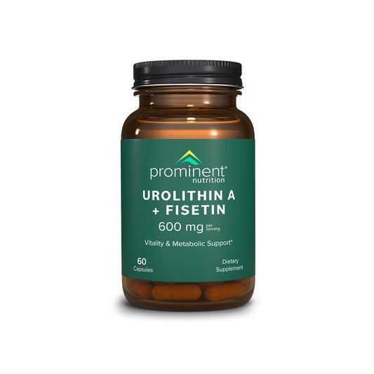 Prominent Nutrition Urolithin A + Fisetin capsules bottle close-up for longevity support