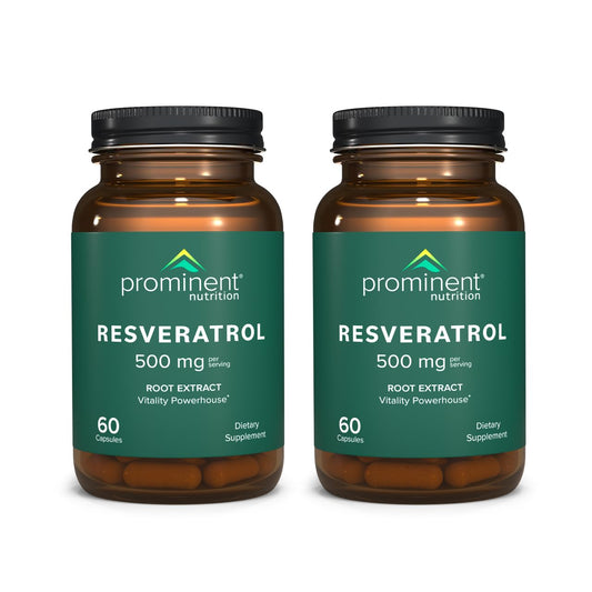 Prominent Nutrition Resveratrol bottle label showing 98% trans-resveratrol for antioxidant support.