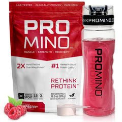 Promino Essential Aminos Raspberry bottle ready for post-workout recovery.