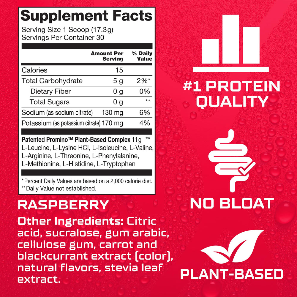 Promino Essential Aminos Raspberry packaging on shelf for sports nutrition.