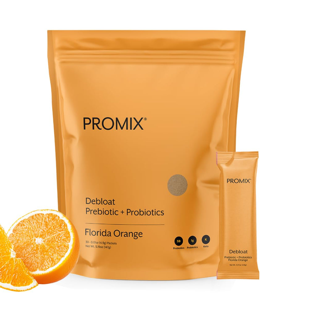Promix Debloat orange bottle front promotes easy digestion and daily wellness.